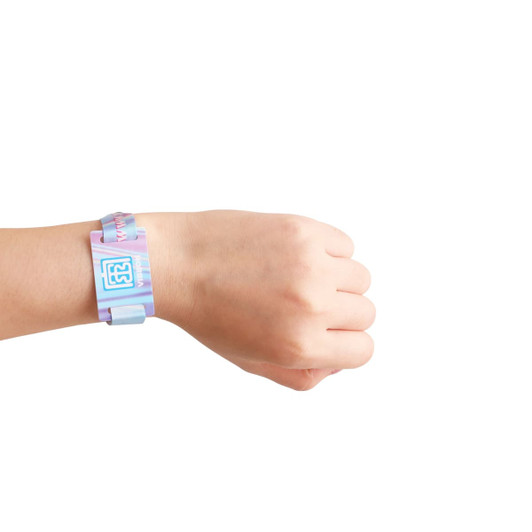 A multicoloured RPET fabric wristband with RFID card, featuring a logo, worn on a person's wrist.