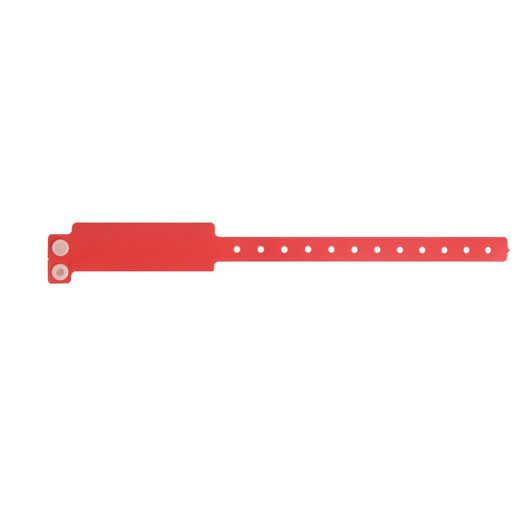A red disposable PVC wristband with a smooth surface and holes for fitting adjustments. Features a logo on one end.