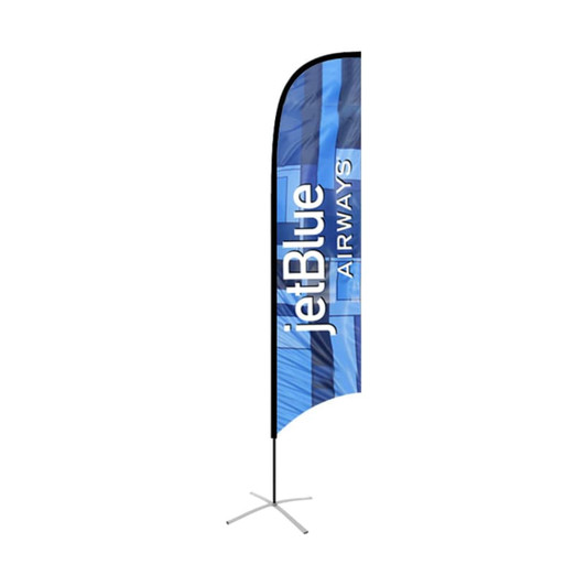 A medium concave feather banner in blue with a logo at the top, featuring a curved design and a base stand.