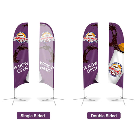 Large concave feather banners in purple, featuring single-sided and double-sided designs with a stand.