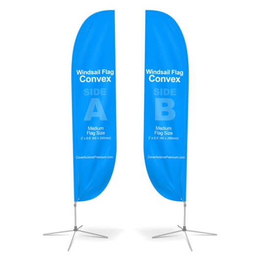 Two medium convex feather banners in bright blue, displayed on stands, with a logo on each banner.