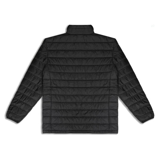 A black puffer jacket with a quilted design and a high collar, featuring a logo on the back.