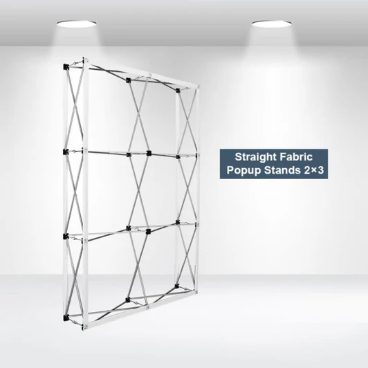 A straight fabric popup display stand in a 2x3 configuration, featuring a lightweight metallic frame.