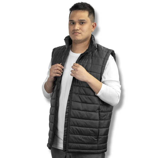 A black puffer vest is worn by a model, featuring a high collar and zip closure, set against a white background.