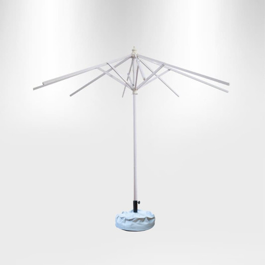 A 3x3m square market umbrella with valances, featuring a white frame and a light blue base.