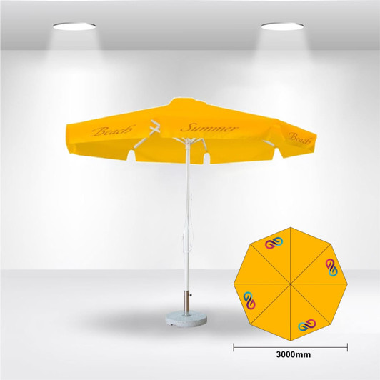 A 3x3m round yellow umbrella with a central pole and a base, featuring a logo.