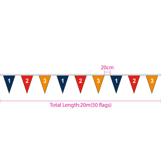 A string of 50 paper pennant flags in red, blue, and orange, measuring a total length of 20 metres.