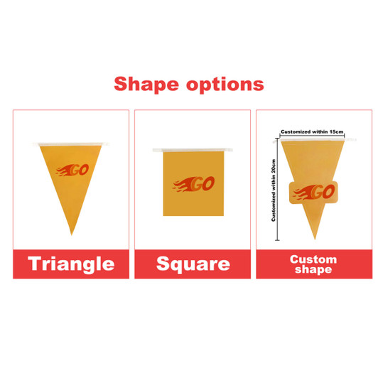 Yellow custom paper pennant string flags in triangle and square shapes, with options for custom shapes.