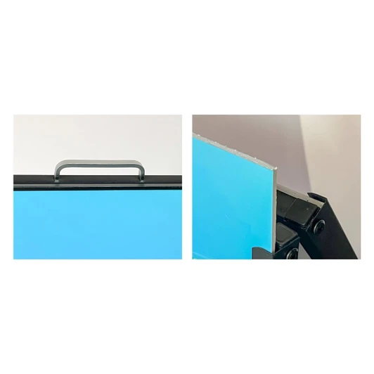 A black metal A-frame sign with a blue panel, featuring a handle for easy movement and a close-up of the frame corner.