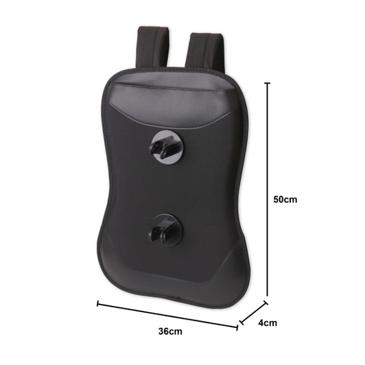 A black teardrop backpack flag with two mounting knobs and adjustable straps, measuring 50 cm by 36 cm by 4 cm.