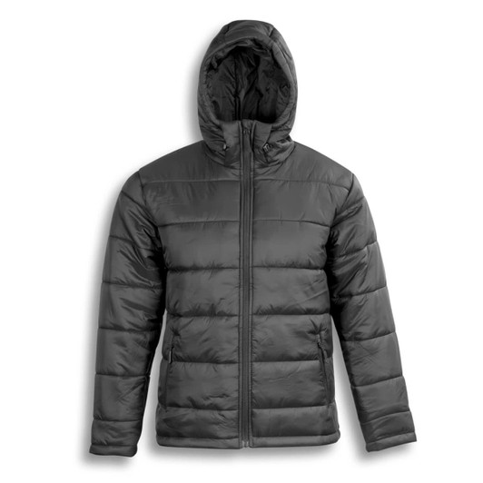 A grey puffer jacket with a hood, featuring a zip front and side pockets, displayed against a white background.