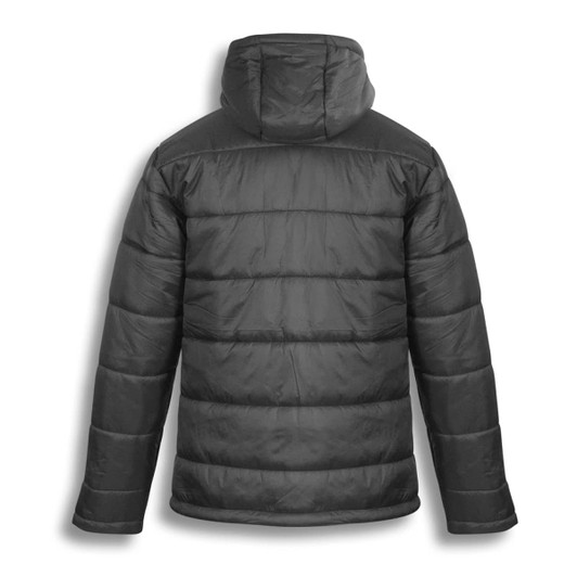A black puffer jacket with a hood, featuring quilted detailing and a branded logo on the back.