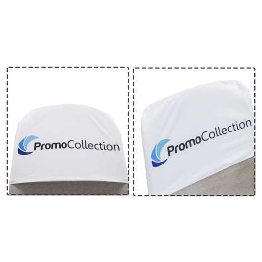 A white half chair cover featuring a logo, designed for exhibitions and events.