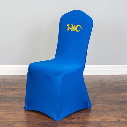 A blue fitted banquet chair cover with a logo, designed for event use.