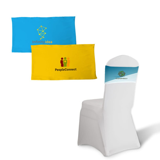 Chair cover with a white chair and three promotional chair bands in blue, yellow, and teal featuring logos.