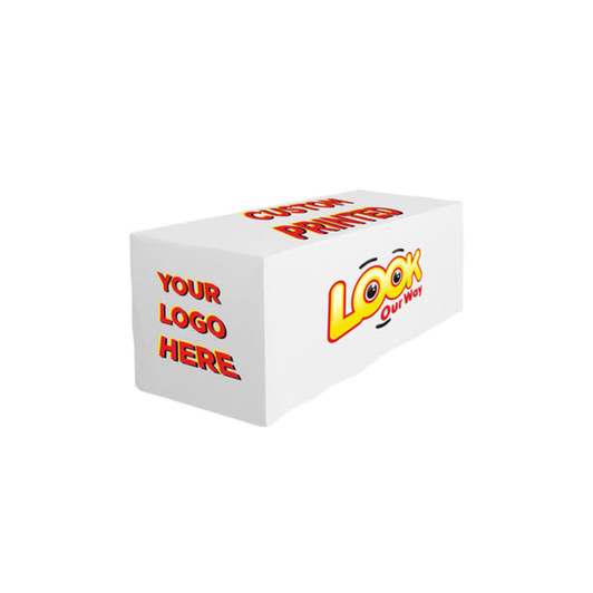 A fitted table cloth in white featuring a logo and vibrant red and yellow text for custom printing.