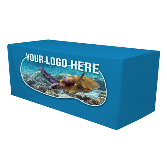 A fitted tablecloth in blue featuring an underwater turtle graphic and a logo area.