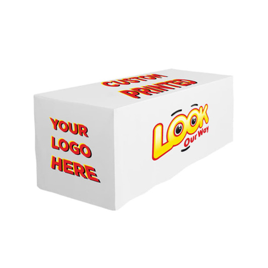 A fitted tablecloth for a 6ft table, predominantly white with vibrant graphics and space for a custom logo.