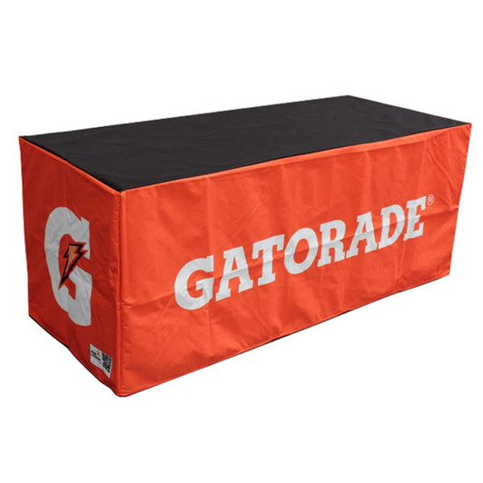 A fitted table cloth in orange and black with a logo, designed for a 6ft table.