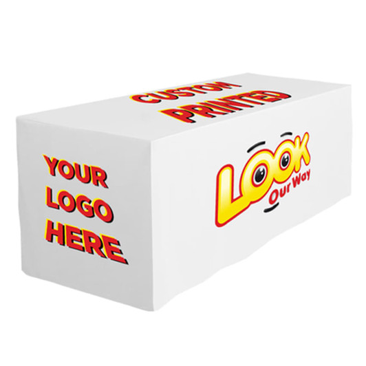 A white 4-side fitted table cloth with a logo and space for custom printing in bold red and yellow text.