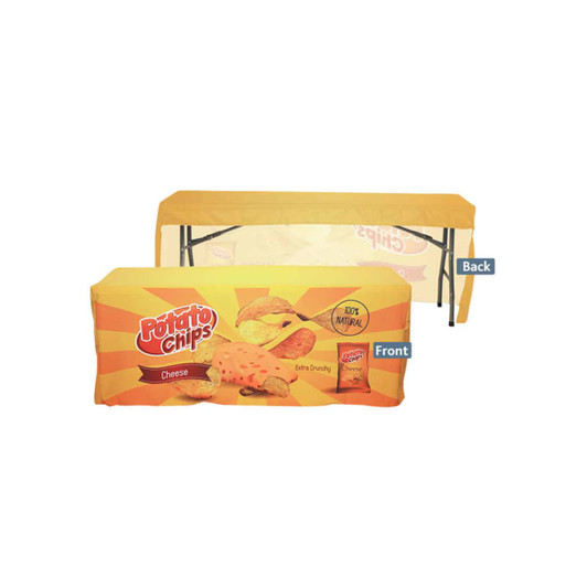 A 4ft fitted table cloth with a vibrant yellow design featuring potato chips imagery and branding.