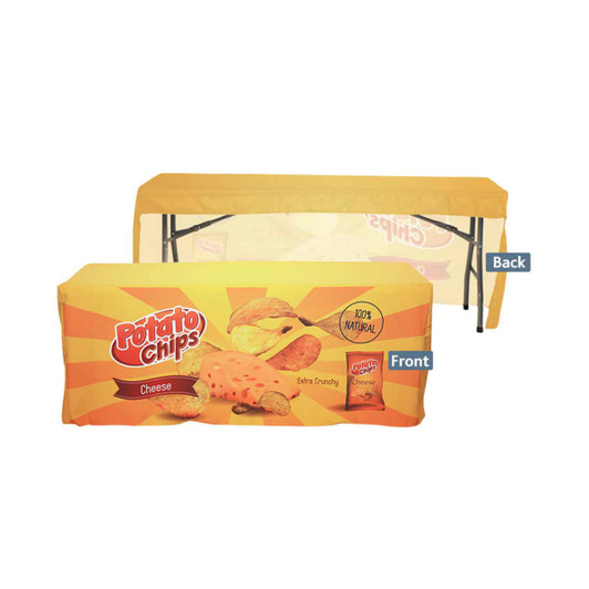 A 3-side fitted table cloth for a 6ft table, in yellow with a logo, featuring images of potato chips on the front.