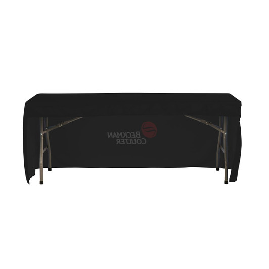 A black 3-side fitted tablecloth draped over a six-foot table with a logo visible on the front.