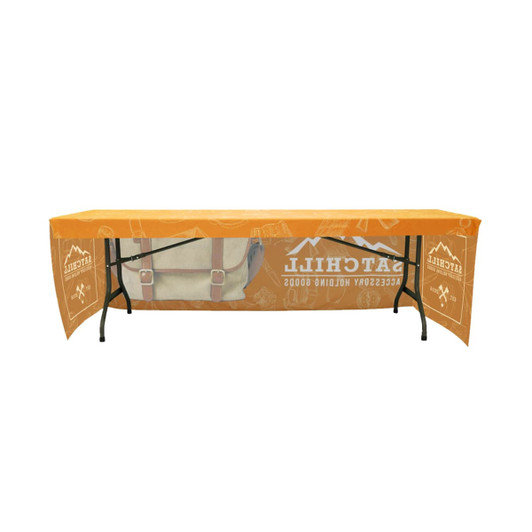 An orange 3-side fitted tablecloth for a 6ft table, featuring a logo and a graphic of a backpack.