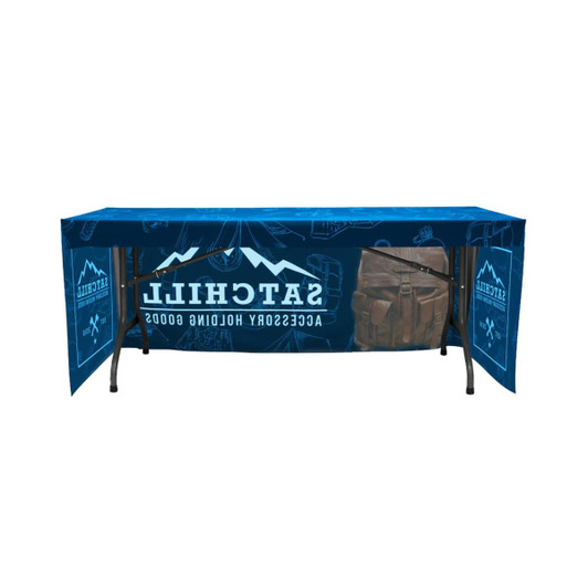 A blue 3-side fitted tablecloth for an 8ft table featuring a logo and a graphic design with outdoor imagery.