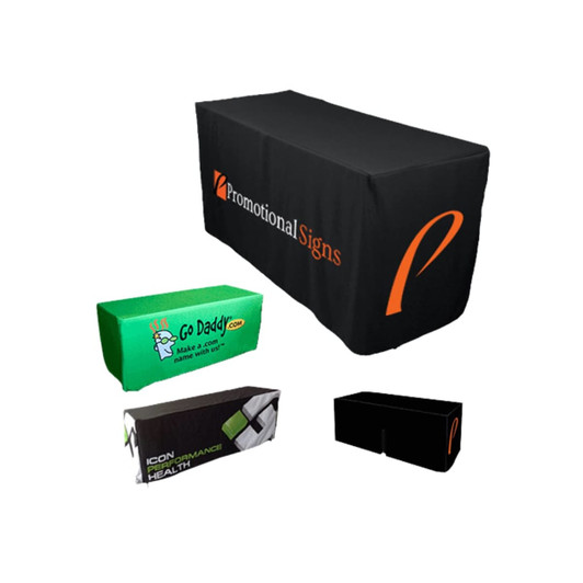 A fitted black tablecloth with a zipper back, accompanied by green and black table covers featuring logos.