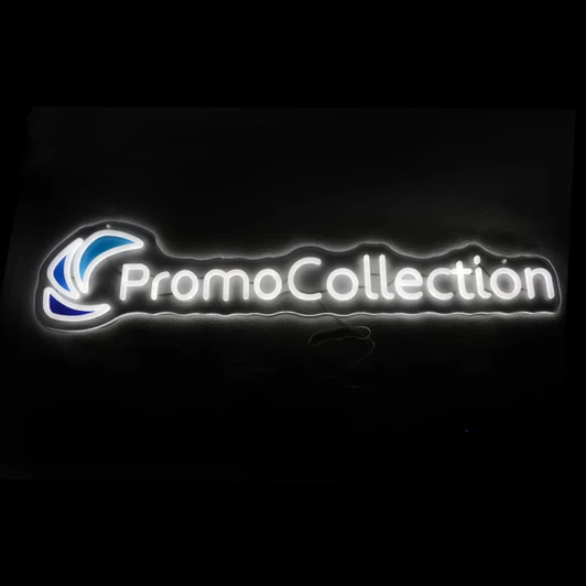 A neon LED sign featuring white and blue elements with the brand name and logo.