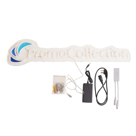 A UV Colour Printing Neon LED sign in white with blue elements, accompanied by a power adapter and connection cables.
