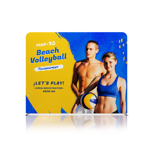 A fabric display wall featuring a vibrant design with blue, yellow, and images of two athletes holding a volleyball.