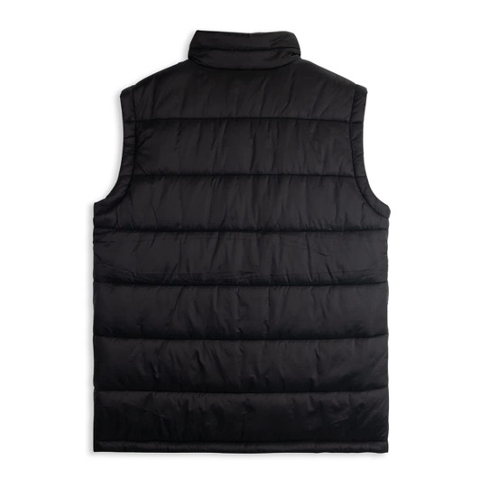 A black men's puffer vest with a quilted design and no sleeves, featuring a collar and a logo.