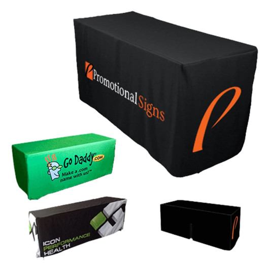 Fitted table cloths in black, green, and patterned designs, featuring various logos and branding.