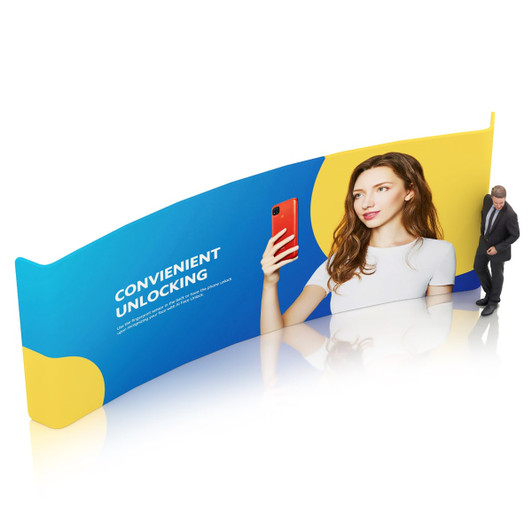 Curved tension fabric display wall featuring a vibrant blue and yellow design with a model holding a smartphone.