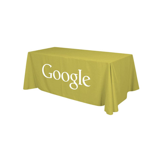A 4ft tablecloth in yellow, featuring a logo on one side.