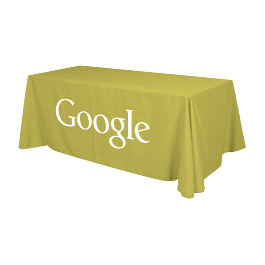 A green 4-sided throw tablecloth for a 6ft table featuring a logo on one side.