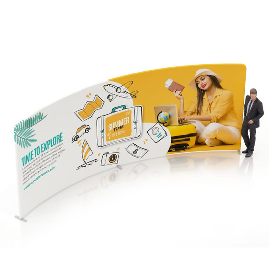 A C-shaped tension fabric display wall featuring vibrant yellow and white graphics, with a logo and imagery related to travel.