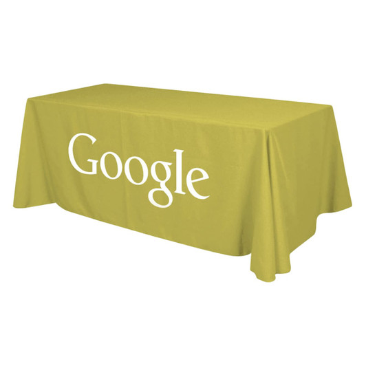 A green 4-sided throw table cloth suitable for an 8ft table, featuring a logo.