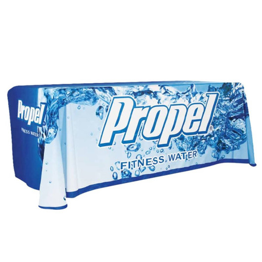 A blue 4-sided table cloth featuring a water splash design and a logo. Suitable for an 8ft table.