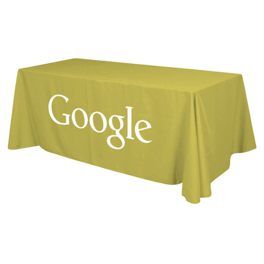 A green three-sided throw tablecloth features a logo and is designed for a 4ft table.