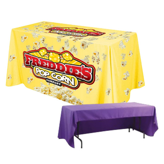 A yellow and purple 3-sided throw tablecloth featuring a logo, adorned with popcorn graphics.