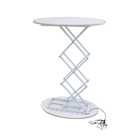 A backlit LED spring-up display table in white with a round top and a collapsible scissor mechanism.