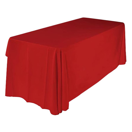 A red 3-sided throw tablecloth for an 8ft table, featuring a draped design and a logo.
