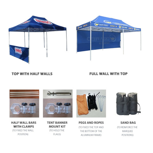 A large blue marquee with half walls and a full wall. Includes accessories like pegs, ropes, and a sandbag.