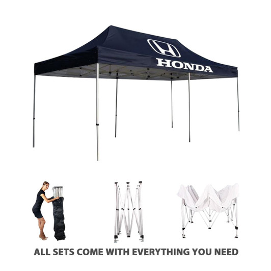 A navy blue marquee with a logo on top, featuring a sturdy frame and collapsible structure.