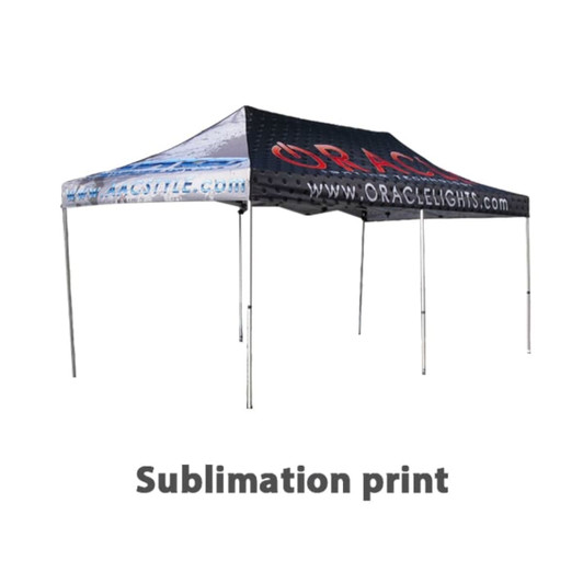 A large black and blue marquee tent featuring sublimation print and a logo. It has a sturdy frame and multiple sides.