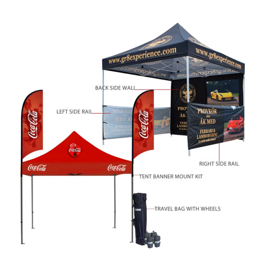 A large 10x20ft marquee in blue and red with side rails, a back wall, and a travel bag with wheels.