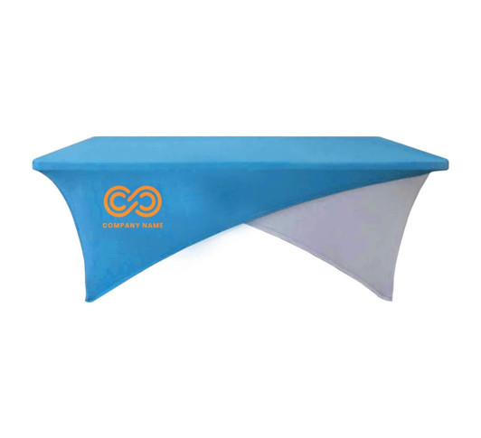 A blue and white stretch tablecloth for a 6ft table, featuring a logo.